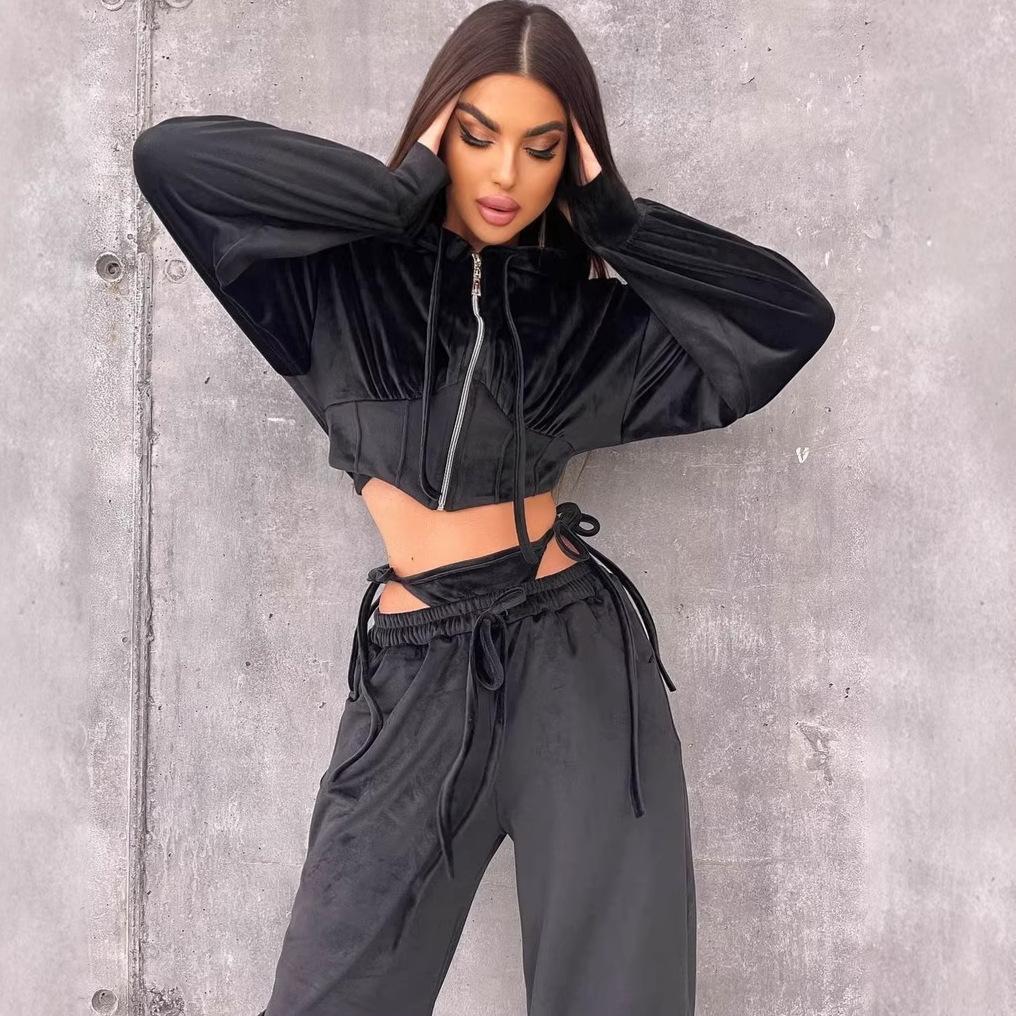 Casual European and American Women's Fashion Hooded Suit Solid Color Long-sleeved Zipper Waist Cardigan Lace-up Pants Two-piece Set