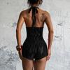 Women Sexy Rhinestone Deep V Backless Sleeveless High Waist Straight Cropped Jumpsuit