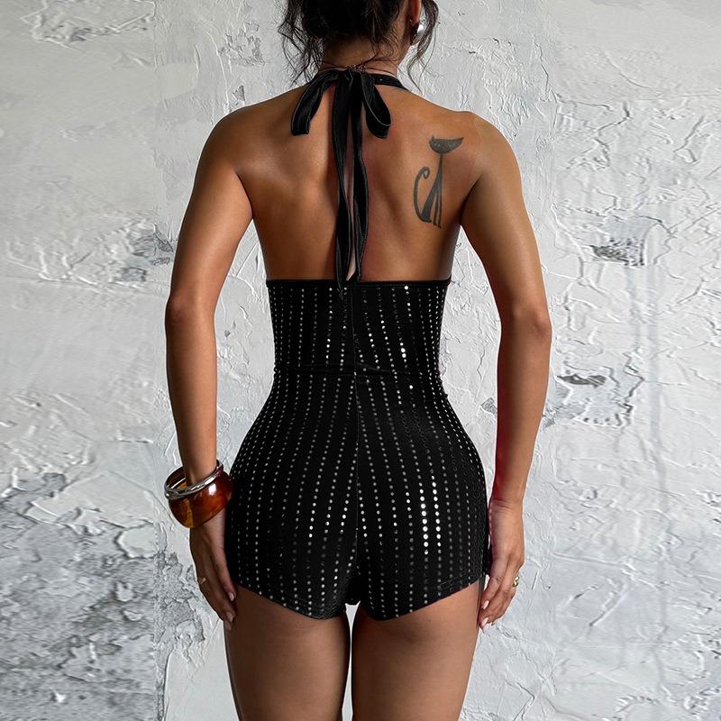 Women Sexy Rhinestone Deep V Backless Sleeveless High Waist Straight Cropped Jumpsuit