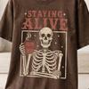 Staying Alive Skeleton Coffee T-Shirt and Kids Tshirt, Vintage Grunge Distressed Skull Tee, Funny Coffee Lover Dark Humor Gift Top