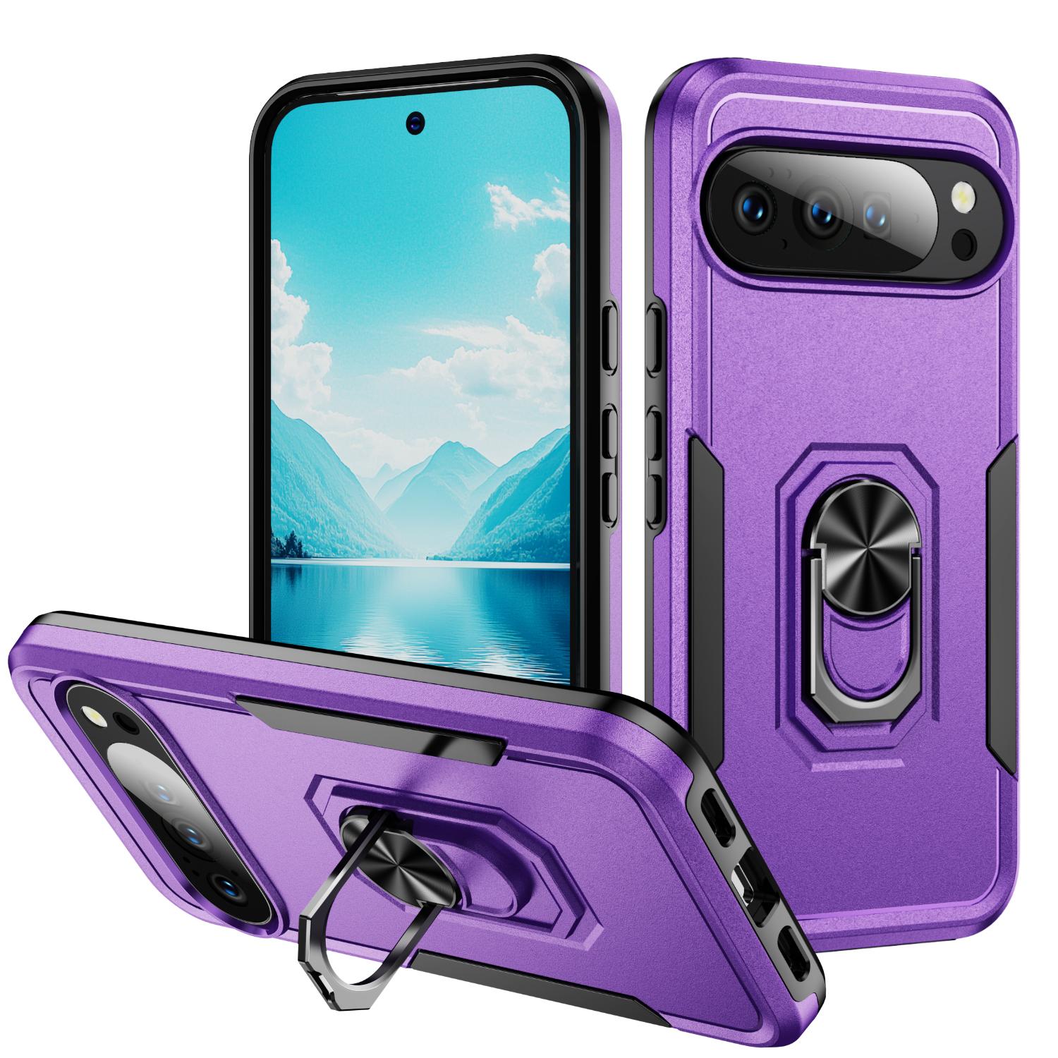 

For Google Pixel 10/10 Pro Case Military Grade Ring Kickstand PC+TPU Phone Cover Purple+Black