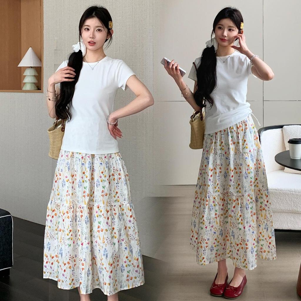 2026 Summer Maternity Fresh Two-Piece: Short-Sleeve T-Shirt + Floral Adjustable Skirt