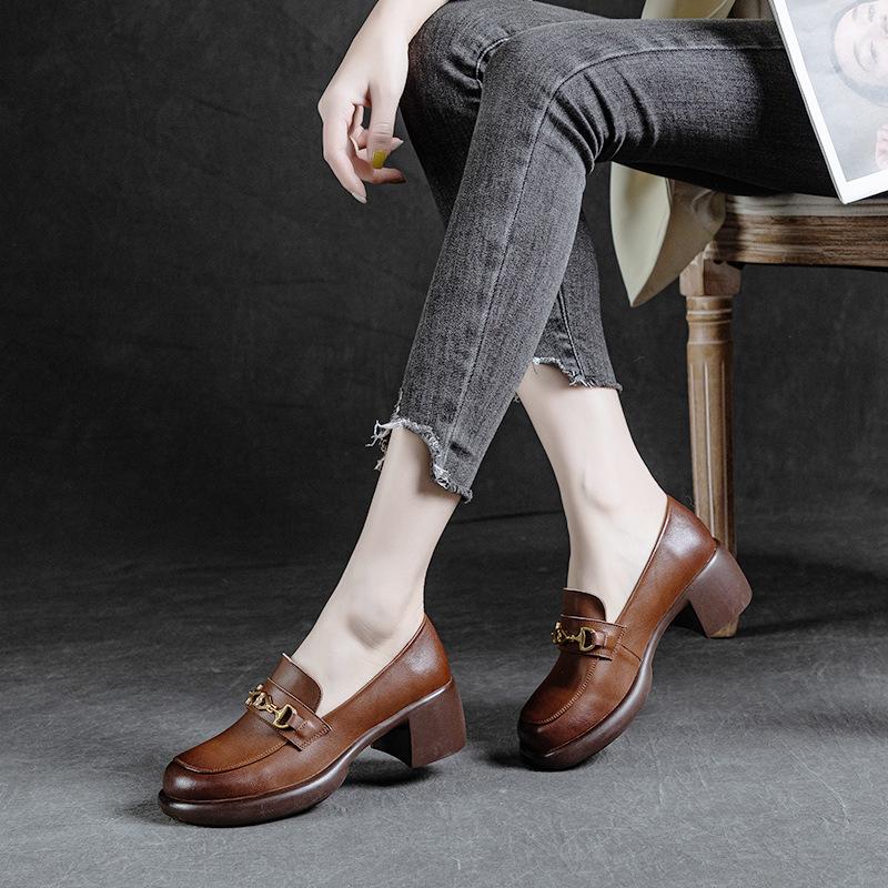 2025 spring and autumn new single shoes cowhide handmade foot cover round head lazy thick heel middle heel British style retro small single shoes