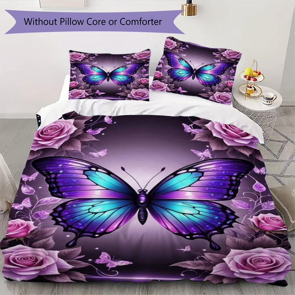

Purple Blue Butterfly & Rose Bedding Set, Floral Insect Design 3PCS Duvet Cover Set(1 * duvet cover + 2 * pillowcase, without core) 135x200cm