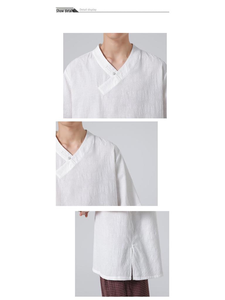 2024 Men's Summer Cotton Linen Short Sleeve T-Shirt with Frog Button – Plus Size Chinese Style Hanfu