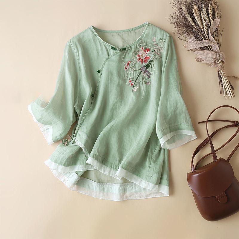 

Summer Women s Clothing Shirts Blouse Blusa Mujer Camisas Elegant and Youth Cotton Linen Vintage Casual Button Embroidery O Neck M зелёный