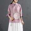 2024 Retro Chinese Cotton Linen Shirt: Women's Spring/Summer Stand-Up Collar Button Top with Embroidered Slant Lapel