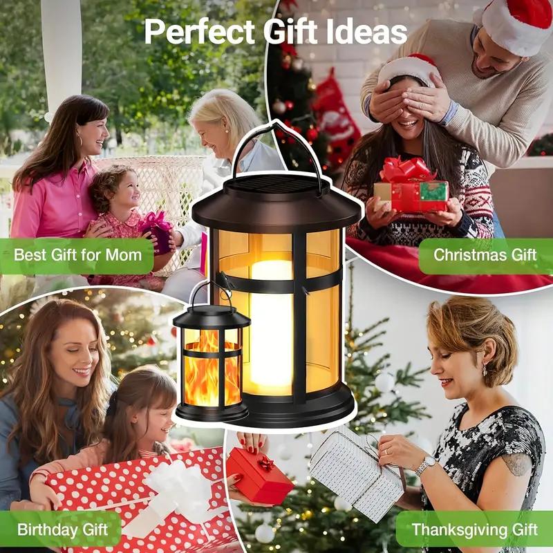 Solar Metal Flickering Flame LED Lantern Outdoor Hanging Light Heavy Duty Solar Powered for Yard Patio Christmas Decoration
