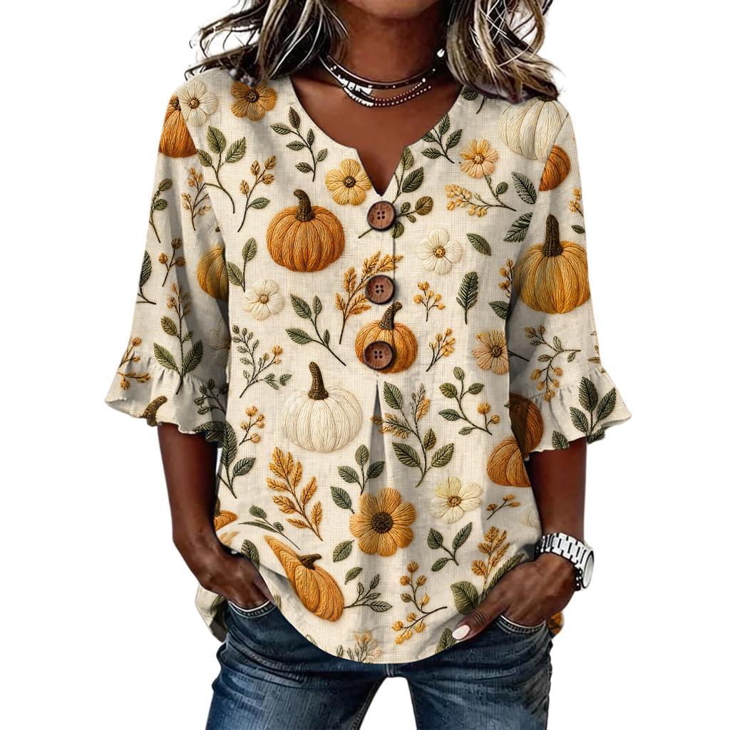 Women's Casual Halloween Print V-Neck Ruffle Sleeve Loose Fit Top