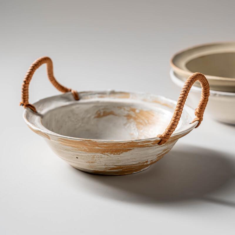 Vintage Ceramic Double-Handled Salad Bowl with Hemp Rope Design