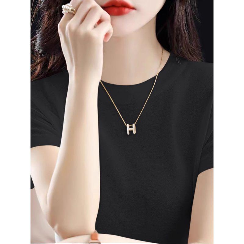 

New Loose round Neck Short sleeve T-shirt Summer Thin Lyocell Tencel Starry Sky Yarn Knit Ice Silk Top Women Black L