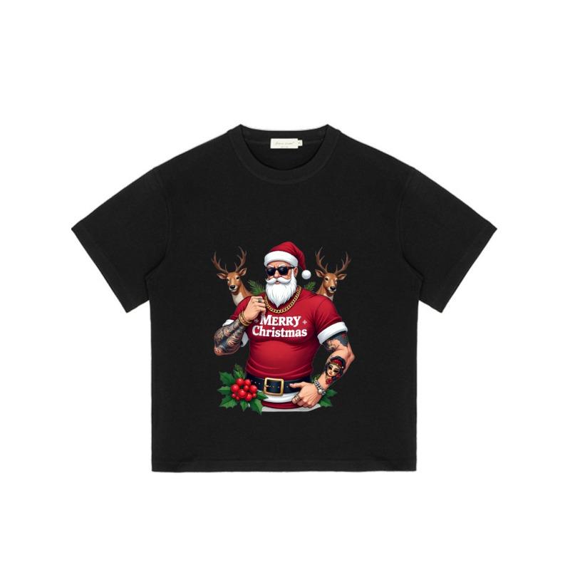 Christmas T-Shirt Black Santa Claus with Reindeer and Merry Christmas Text Holiday Party Wear