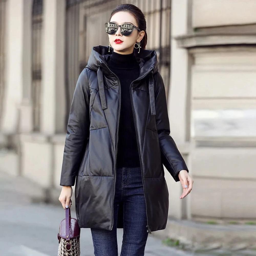 Cappotto in Pelle PU Nera con Cappuccio Piumino Cotone Abbigliamento Invernale Donna Tipo Cocoon Spessa Larga Imbottita in Cotone Giacca Parka Spessa