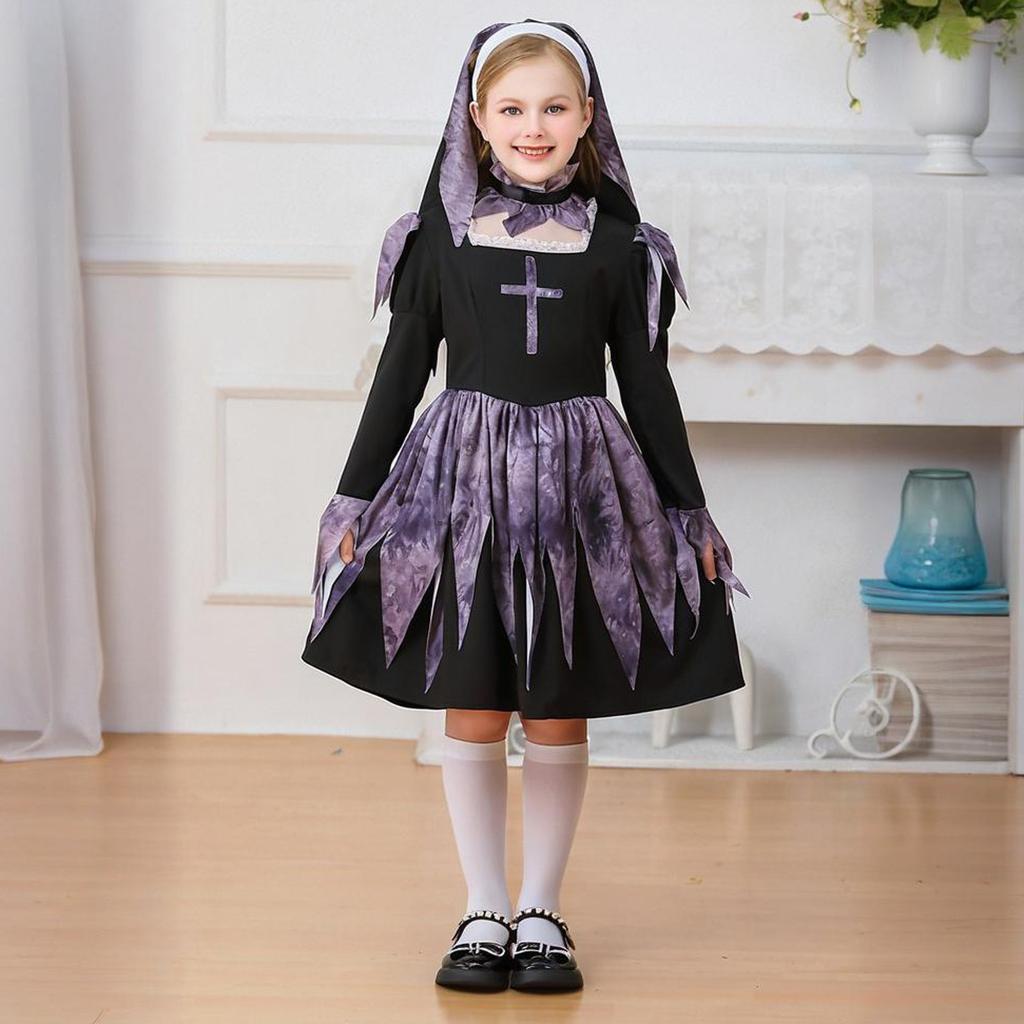 Halloween Style Cross Children's Fashion Dress Children's Products Girls Skirt Color Matching Long Sleeve Dress Cosplay Dress Up