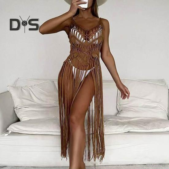 Beach Cover Up Women Sling Sleeveless Loose Fit Cutout Bikini Cover-up Dress Solid Color Sun Protection Beach Wear