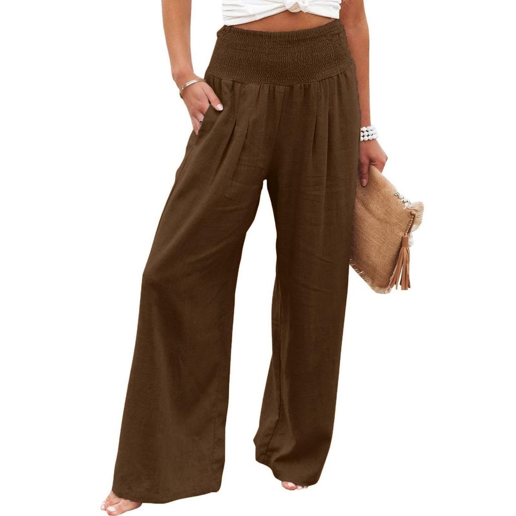 Pantaloni a vita alta da donna, elasticizzati, a gamba larga, palazzo, casual, comodi, da spiaggia