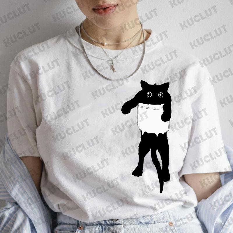 T-Shirt für Damen Schwarze Katzen Print Mode T-Shirt Lässig Rundhals Kurzarm Streetwear Damen T-Shirt Vintage Tee Oberteile
