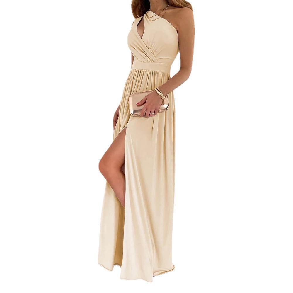 Women's Sexy One Shoulder Cutout Pleated Maxi Dress Sleeveless High Slit Formal Evening Party Bridesmaid Dresses