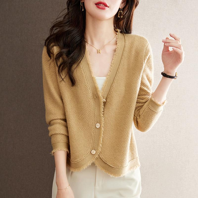 GMXIA Tassel Solid Color Sweater Female Spring and Autumn Loose Fashion Soft Waxy Age Reduction Knitted Cardigan Coat Female Sweaters