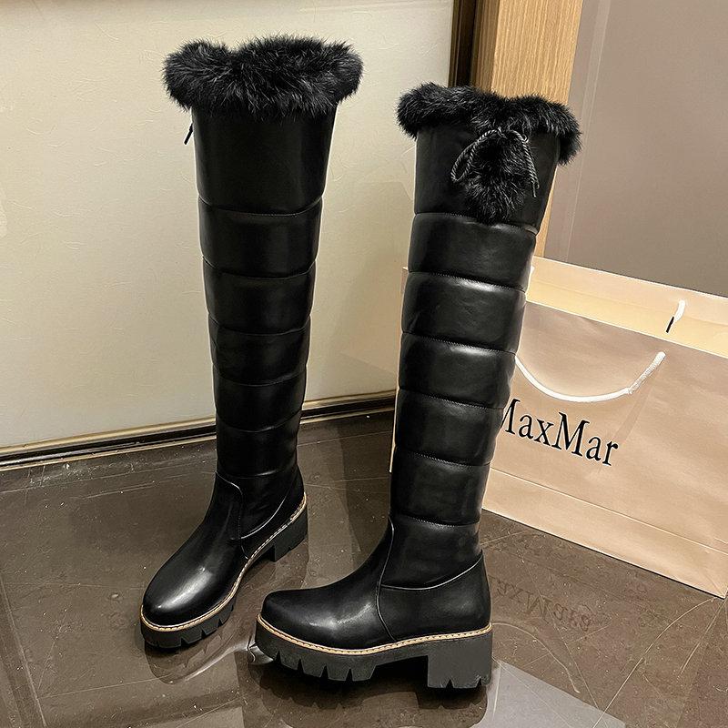 Fashion Waterproof Cold Winter Russia Female Warm Shoes Platform Chunky Heels Plush Over-the-knee Snow Boots with Real Rabbit Fur Pom