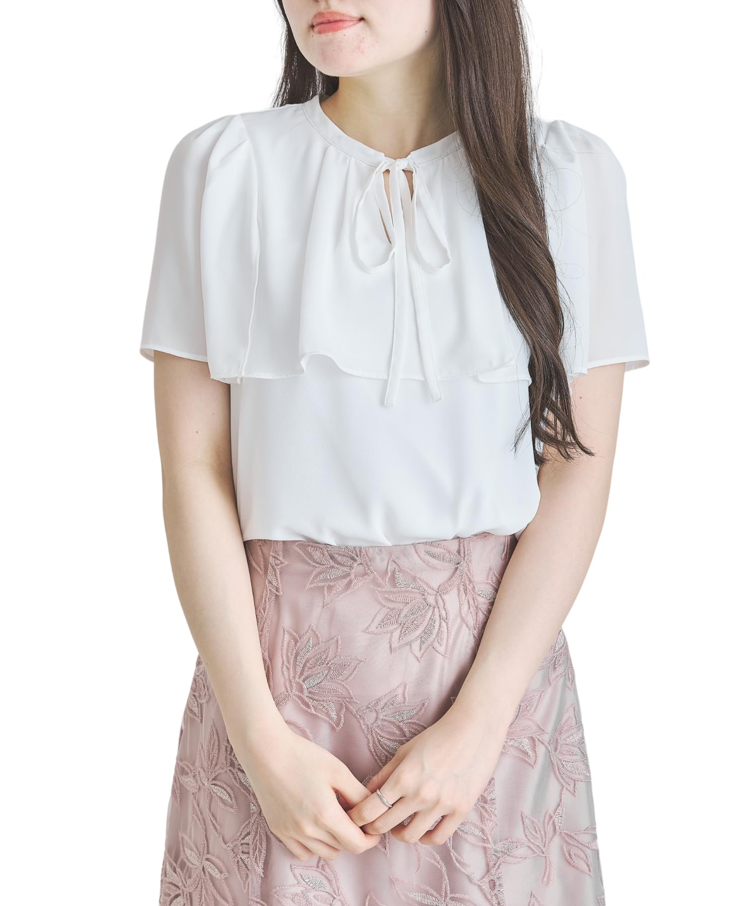 

Mishmash Short Sleeve Blouse with Cape and Bow Perfect for Office White Women s Tie, Casual, Spring/Summer Outings, белый