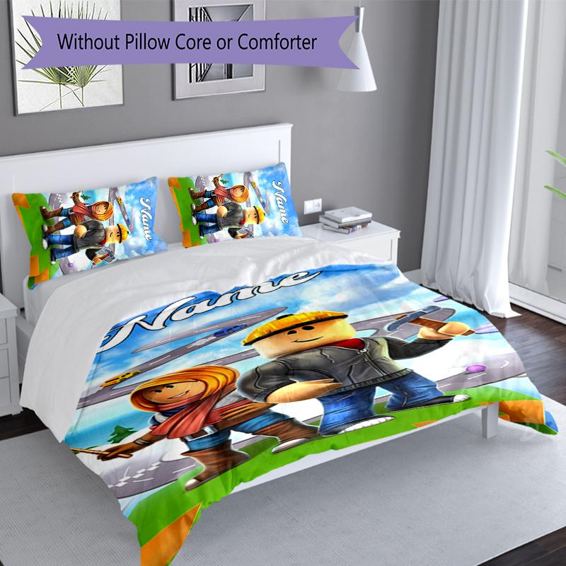 3pcs Custom Name Gaming Roblox Bedding Set,Includes 1 Duvet Cover and 2 Pillowcases,All-season Bedroom Decor