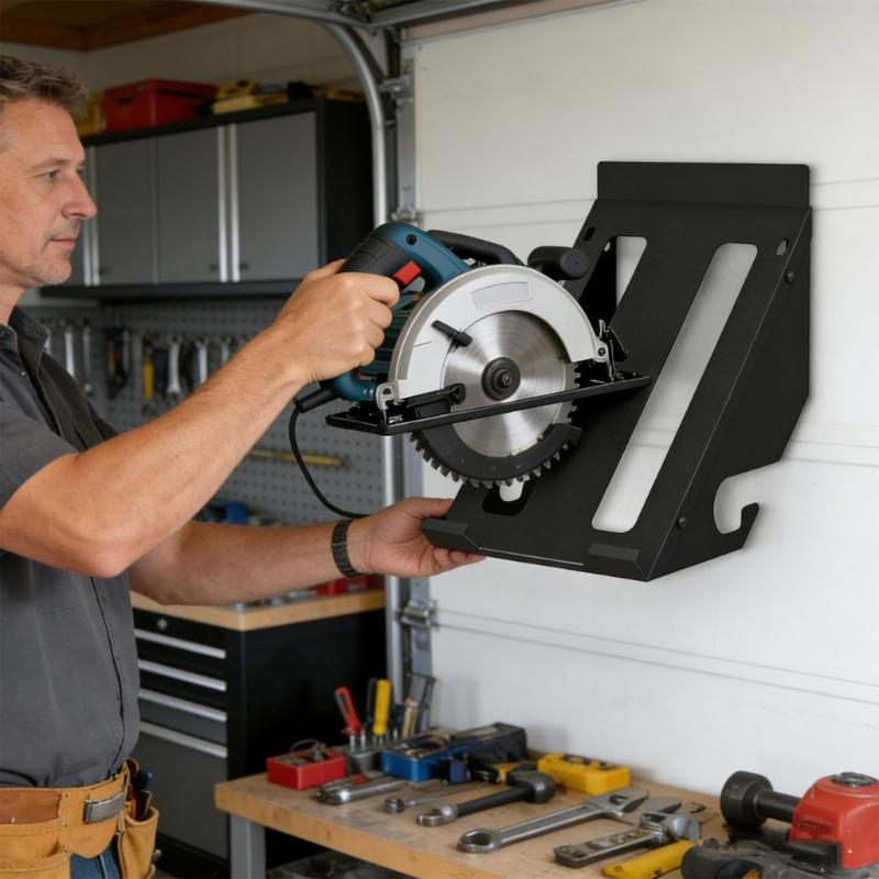 Universal Circular Saw Storage Rack Two Hole Design Compatible Multiple Saw Types Wall Mounted Metal Organizer