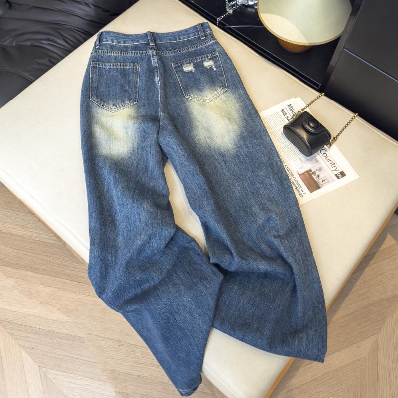 American Retro High Waist Ripped Jeans for Women - Loose, Slimming, Wide Leg