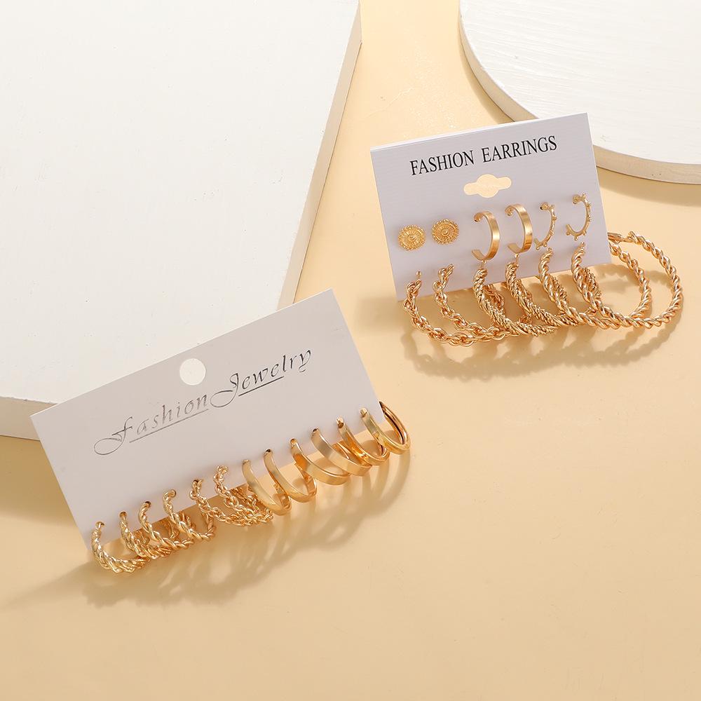 European & American Vintage Pearl Geometric Gold Hoop & Stud Earrings Set - 6 Pieces