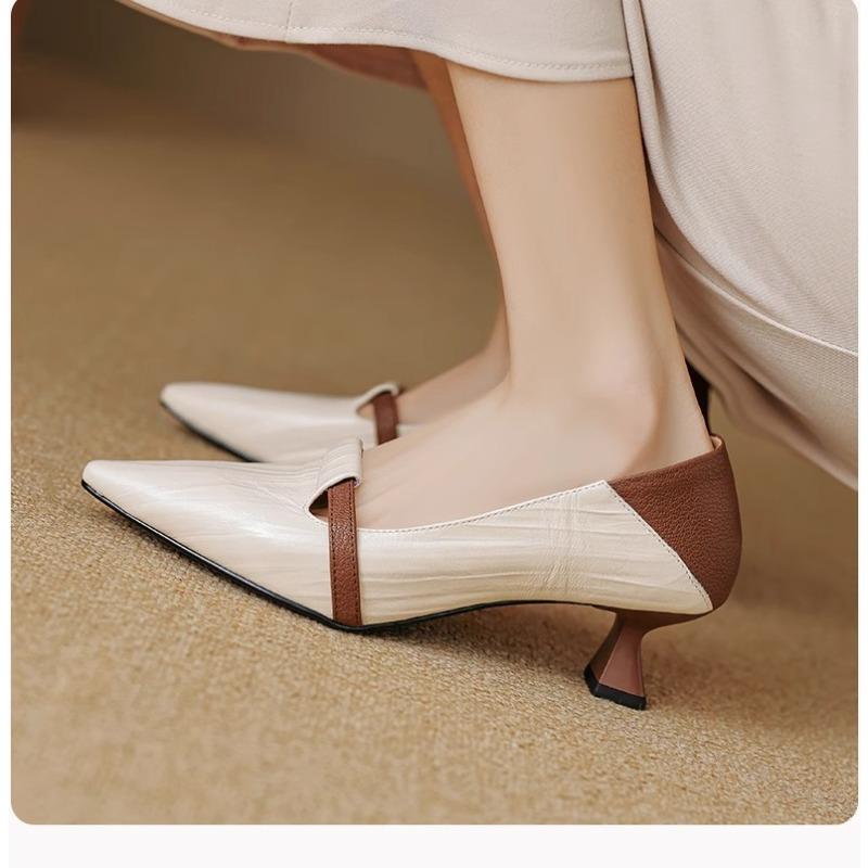New commuter temperament pointed head color matching one-pedal single shoes women's light mouth retro cat heel high heels
