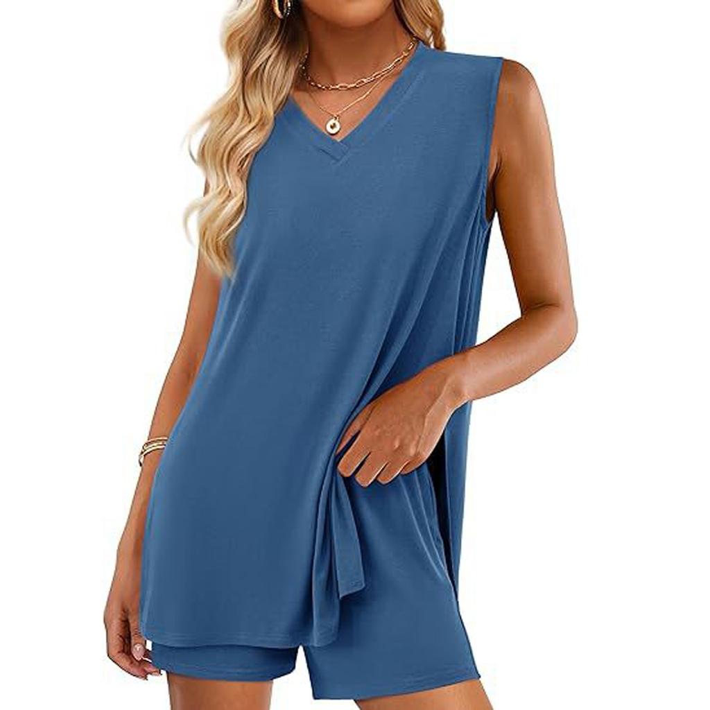 Women's Fashion Casual V-Neck Sleeveless Top Shorts with Pockets Set