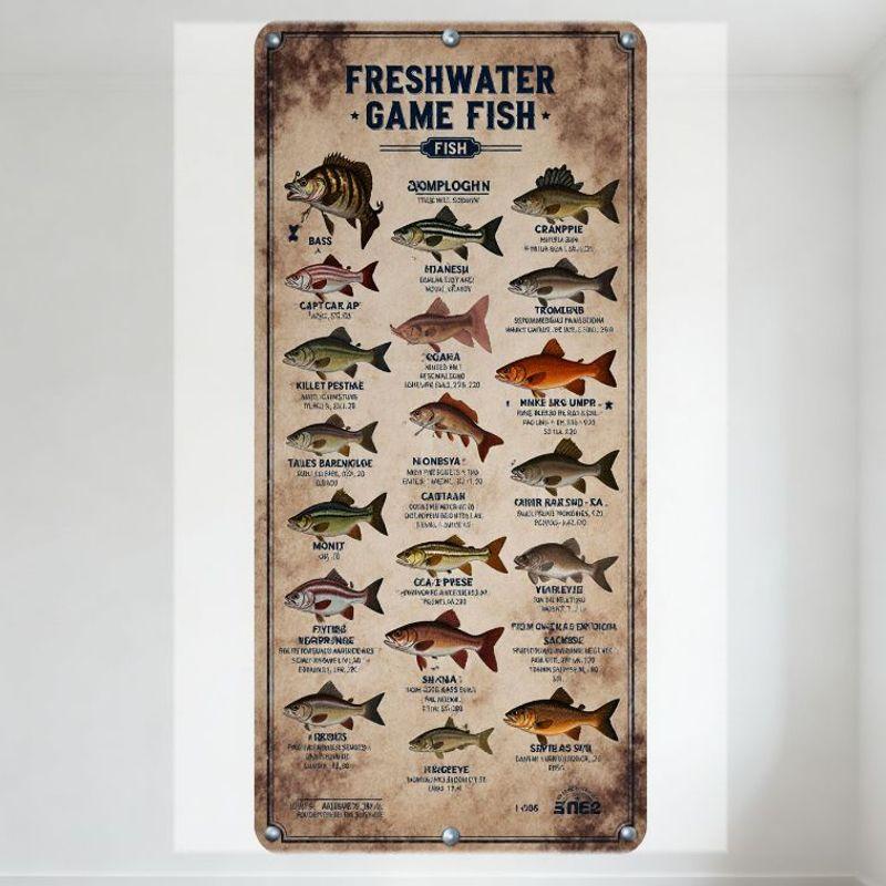 

Винтажная металлическая жестяная табличка с изображением пресноводной промысловой рыбы и 15 иллюстрациями рыб - Логотип 1956 года, Рустикальный декор для рыбалки, Мужская комната, Бар, Дом 20x30cm（7.8x11.8inch）