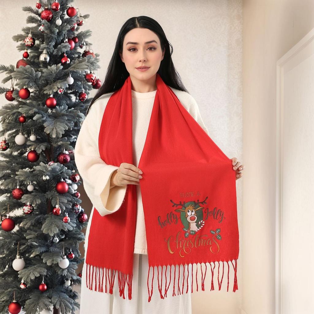 Winter Christmas Cute Elk Printed Shwal Cashmere Tassel Warm Scarf For Women Fashion Red Thick Blanket Pashmina Wrap 183*30Cm