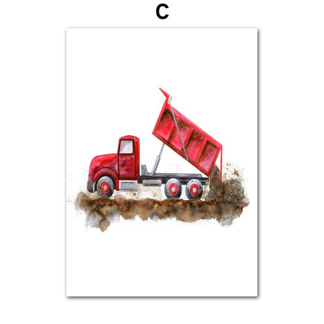 Jeřábový traktor, vysokozdvižný vozík, postřikovací bagr, závodní auto, malba na plátně, plakát a tiskárna, nástěnný panel, dekorace do dětského pokoje