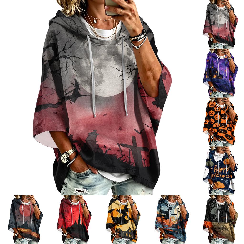 Women's Casual 3/4 Sleeve Halloween Print Hooded Pullover Top for