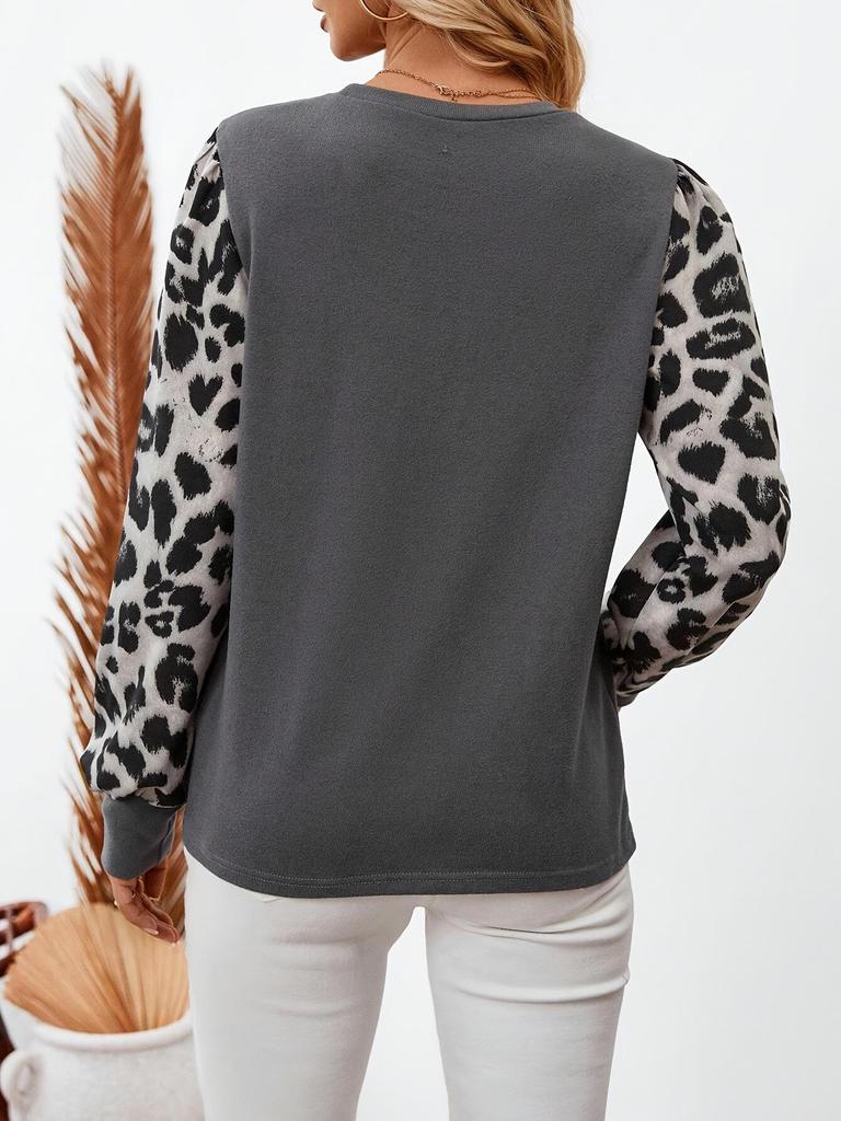 Damski T-shirt z długim rękawem, okrągłym dekoltem i patchworkiem w panterkę, jesień/zima 2024