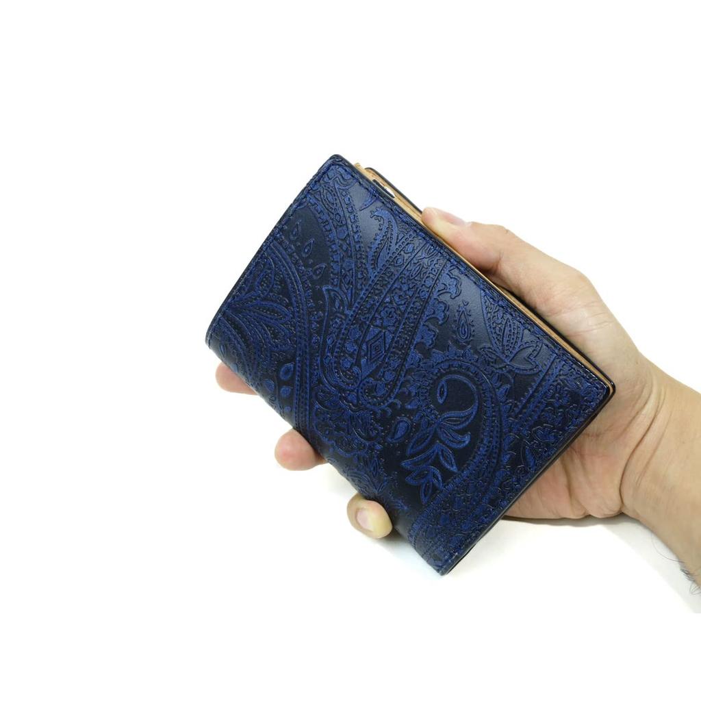 Baggy Port Half Wallet, Indigo-Dyed Leather with Paisley Embossed Pattern, Men's and Women's Unisex Bifold Wallet ZYS-196 (Dark Blue)