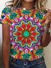 2026 New Summer Women's Retro National Print Ladies T-shirt Round Neck Short Sleeve Street Casual Daily Basic Tops