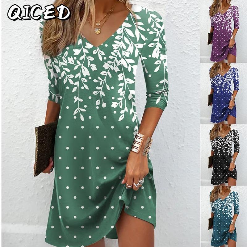 QICED Fashion Autumn Winter Long Sleeve V-Neck Casual Dresses