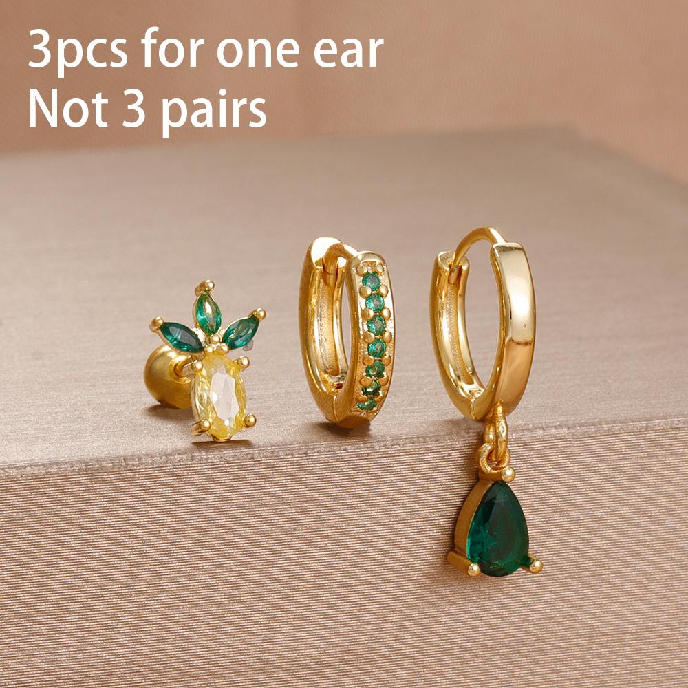 3PCS Exquisite Green CZ Zircon Water Drop Gold Color Earrings Set for Women Dainty Stackable Piercing Earring Luxury Jewelry