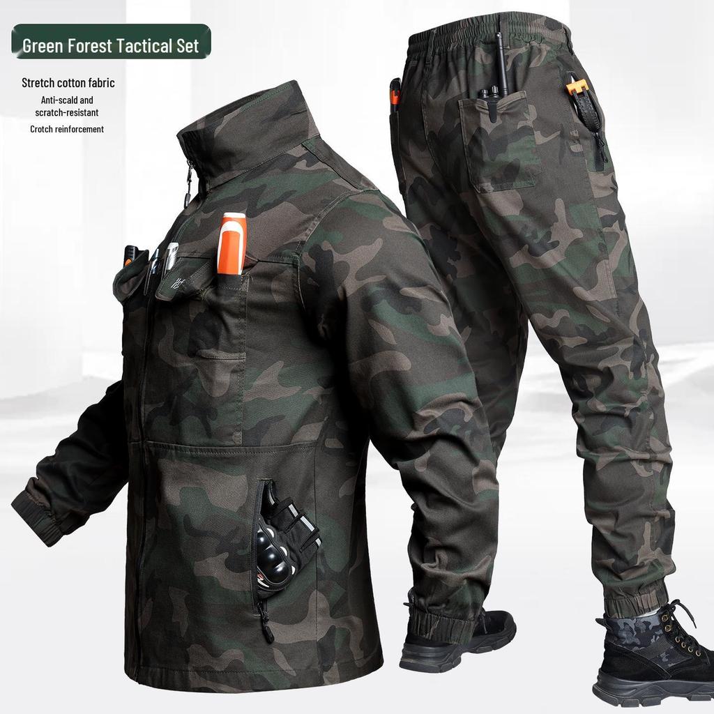 Men's Camouflage Workwear Set: Elastic, Anti-Scald, Wear-Resistant for Spring/Autumn - Ideal for Auto Repair & Welding.