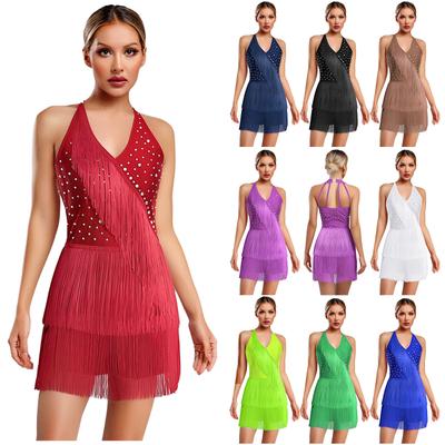 Women Dance Jumpsuit Halter Neck Sleeveless with Spark Rhinestones Multi-Layered Fringe Strappy Back for Latin Tango Salsa