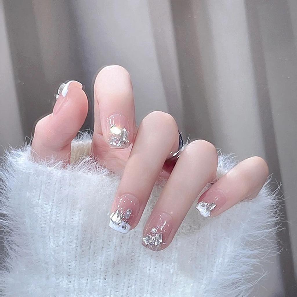 Whitening French Short Ice Translucent Sparkling Diamond  , Diamond Sparkling Diamond Wearable Nail  ,detachable Nail Plate  ,2ML