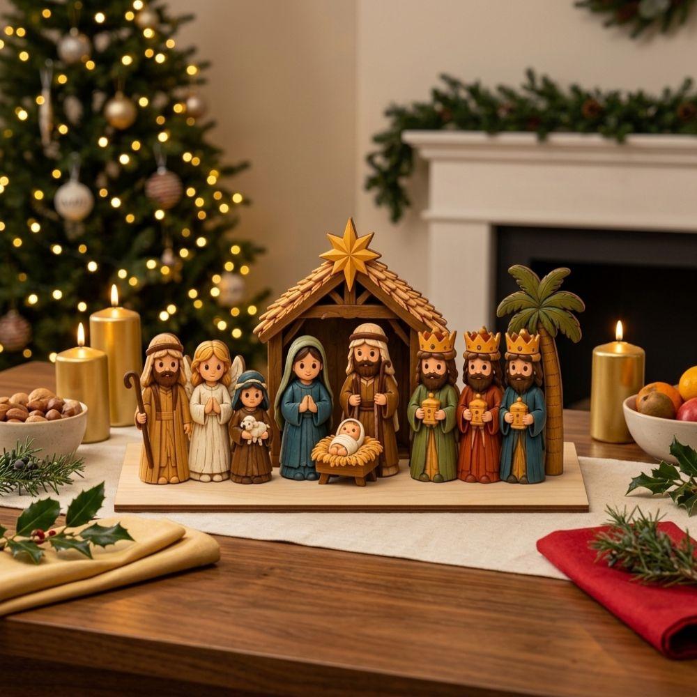 Cartello in Legno Natività di Natale Cristiana Placca in Legno Famiglia Natività Rustica Vintage Esposizione per Finestra