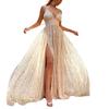 Verano Nuevo Europeo Y Americano Tirantes Cintura Abertura Brillante Barrido del Suelo Vestido Largo Vestido Ropa de Mujer