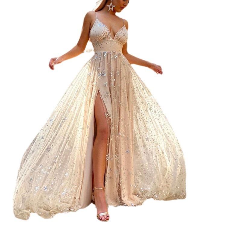 Verano Nuevo Europeo Y Americano Tirantes Cintura Abertura Brillante Barrido del Suelo Vestido Largo Vestido Ropa de Mujer