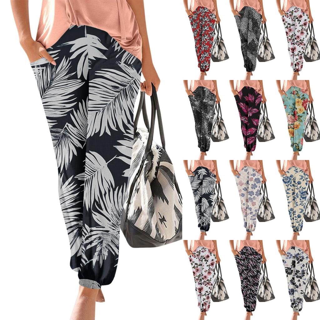 Hosen für Damen, lässig, Sommer, Strand, bedruckt, elastisch, lockere Hose