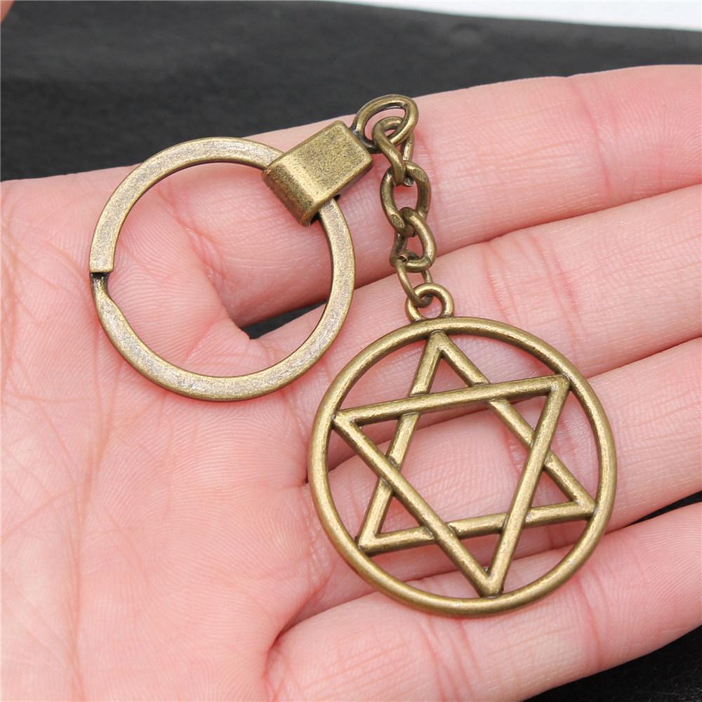 Star of David Talisman Amulet Pendant Antique Bronze Metal Keychain with 30mm Ring for Boys Bag Charm