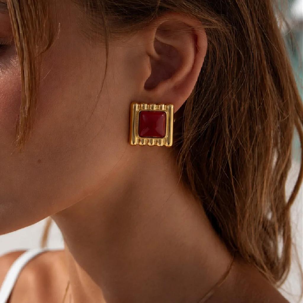 New 7 Colors Luxury Gold Plated Stainless Steel Stud Earrings for Women Vintage Acrylic Resin Square Earrings Boho Jewelry