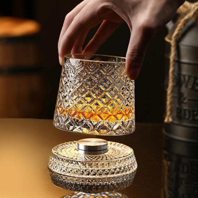 2026 New Whiskey Glasses Rotating Whisky Glass with Glass Base 360 Rotate Degrees Crystal Rum Glass for Cocktail Party Drinking